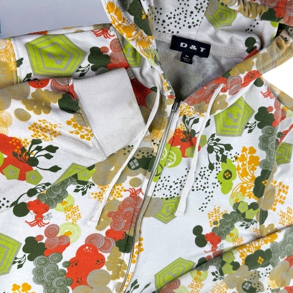 DT Floral Hoodie Women M (Fits S) White Green All Over Print Pullover Sweatshirt